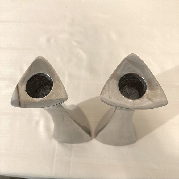 Vintage Nambe 595 Tri-Corner Silver Tone Metal 7” Candleholders - Picture 5 of 7